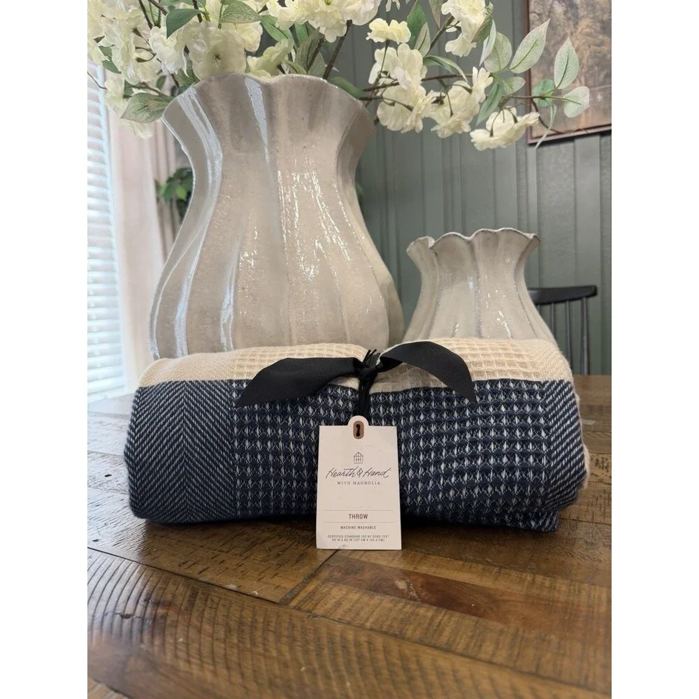 Striped Throw Blanket Cream/Blue - Hearth & Hand with Magnolia NEW